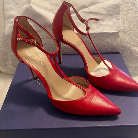 Stuart Weitzman Amity Lipstick Red Pointed Toe T Strap Heels 7M - Picture 2 of 5